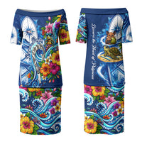 American Samoa Pago Pago Family Matching Puletasi and Hawaiian Shirt Sea Turtle And Fruit Bat - Tropical Hibiscus Flowers Polynesian TS04 Mom's Dress Blue White - Polynesian Pride