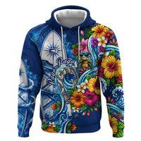 American Samoa Pago Pago Hoodie Sea Turtle And Fruit Bat - Tropical Hibiscus Flowers Polynesian TS04 Pullover Hoodie Blue White - Polynesian Pride