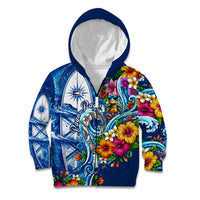 American Samoa Pago Pago Kid Hoodie Sea Turtle And Fruit Bat - Tropical Hibiscus Flowers Polynesian TS04 Zip Hoodie Blue White - Polynesian Pride