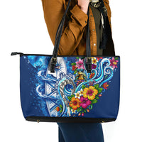 American Samoa Pago Pago Leather Tote Bag Sea Turtle And Fruit Bat - Tropical Hibiscus Flowers Polynesian