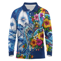 American Samoa Pago Pago Long Sleeve Polo Shirt Sea Turtle And Fruit Bat - Tropical Hibiscus Flowers Polynesian