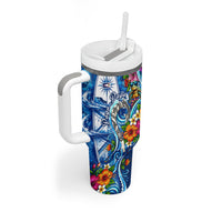 American Samoa Pago Pago Tumbler With Handle Sea Turtle And Fruit Bat - Tropical Hibiscus Flowers Polynesian TS04 - Polynesian Pride