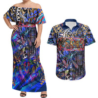 American Samoa Warrior Couples Matching Off Shoulder Maxi Dress and Hawaiian Shirt Polynesian Fruit Bat Talofa Urban Graffiti Street Art TS04 Blue Yellow - Polynesian Pride