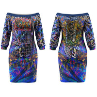 American Samoa Warrior Family Matching Off The Shoulder Long Sleeve Dress and Hawaiian Shirt Polynesian Fruit Bat Talofa Urban Graffiti Street Art TS04 Mom's Dress Blue Yellow - Polynesian Pride