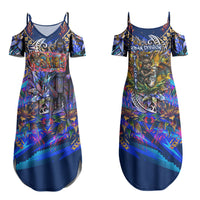American Samoa Warrior Family Matching Summer Maxi Dress and Hawaiian Shirt Polynesian Fruit Bat Talofa Urban Graffiti Street Art TS04 Mom's Dress Blue Yellow - Polynesian Pride
