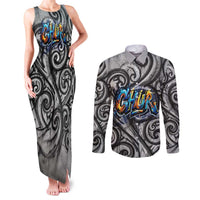 Chur Bro Shaka Sign Couples Matching Tank Maxi Dress and Long Sleeve Button Shirt New Zealand Koru Colorful Graffiti Splash