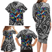 Chur Bro Shaka Sign Family Matching Long Sleeve Bodycon Dress and Hawaiian Shirt New Zealand Koru Colorful Graffiti Splash