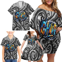 Chur Bro Shaka Sign Family Matching Off Shoulder Short Dress and Hawaiian Shirt New Zealand Koru Colorful Graffiti Splash