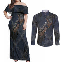 New Zealand She’ll Be Right Couples Matching Off Shoulder Maxi Dress and Long Sleeve Button Shirt NZ Slang No. 8 Wire Map Pattern TS04 Navy Slate - Polynesian Pride
