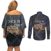 New Zealand She’ll Be Right Couples Matching Off Shoulder Short Dress and Long Sleeve Button Shirt NZ Slang No. 8 Wire Map Pattern TS04 - Polynesian Pride