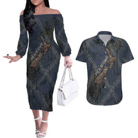 New Zealand She’ll Be Right Couples Matching Off The Shoulder Long Sleeve Dress and Hawaiian Shirt NZ Slang No. 8 Wire Map Pattern TS04 Navy Slate - Polynesian Pride