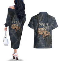 New Zealand She’ll Be Right Couples Matching Off The Shoulder Long Sleeve Dress and Hawaiian Shirt NZ Slang No. 8 Wire Map Pattern TS04 - Polynesian Pride