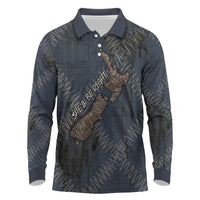 New Zealand She’ll Be Right Long Sleeve Polo Shirt NZ Slang No. 8 Wire Map Pattern TS04 Navy Slate - Polynesian Pride