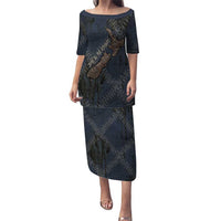 New Zealand She’ll Be Right Puletasi NZ Slang No. 8 Wire Map Pattern TS04 Long Dress Navy Slate - Polynesian Pride