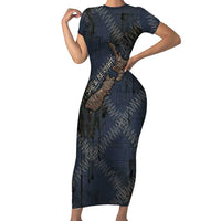 New Zealand She’ll Be Right Short Sleeve Bodycon Dress NZ Slang No. 8 Wire Map Pattern TS04 Long Dress Navy Slate - Polynesian Pride