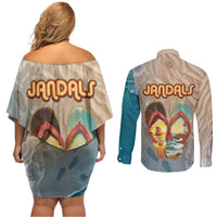 Kiwi Jandal Beach Life Couples Matching Off Shoulder Short Dress and Long Sleeve Button Shirt New Zealand Flip Flops Ocean Wave Surf Style