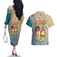 Kiwi Jandal Beach Life Couples Matching Off The Shoulder Long Sleeve Dress and Hawaiian Shirt New Zealand Flip Flops Ocean Wave Surf Style