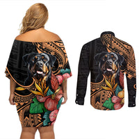 Polynesian Rottweiler Couples Matching Off Shoulder Short Dress and Long Sleeve Button Shirts Polynesian Pattern And Rottweiler TS04 - Polynesian Pride