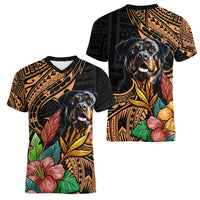 Polynesian Rottweiler Women V Neck T Shirt Polynesian Pattern And Rottweiler TS04 - Polynesian Pride