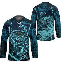 Chuuk Deep Into Truk Lagoon Hockey Jersey Polynesian Tribal Pattern Wreck Diving Teal Ship Art