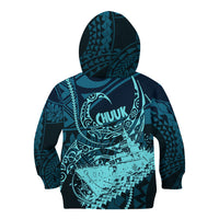 Chuuk Deep Into Truk Lagoon Kid Hoodie Polynesian Tribal Pattern Wreck Diving Teal Ship Art