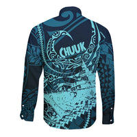 Chuuk Deep Into Truk Lagoon Long Sleeve Button Shirt Polynesian Tribal Pattern Wreck Diving Teal Ship Art
