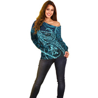 Chuuk Deep Into Truk Lagoon Off Shoulder Sweater Polynesian Tribal Pattern Wreck Diving Teal Ship Art