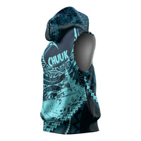 Chuuk Deep Into Truk Lagoon Sleeveless Hoodie Polynesian Tribal Pattern Wreck Diving Teal Ship Art