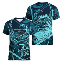 Chuuk Deep Into Truk Lagoon Women V-Neck T-Shirt Polynesian Tribal Pattern Wreck Diving Teal Ship Art
