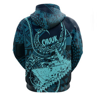 Chuuk Deep Into Truk Lagoon Zip Hoodie Polynesian Tribal Pattern Wreck Diving Teal Ship Art