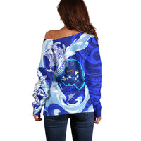 Chuuk Micronesian Roots Off Shoulder Sweater Polynesian Tribal Pattern Hibiscus Flower And Stingray Art