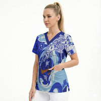 Chuuk Micronesian Roots Scrub Top Polynesian Tribal Pattern Hibiscus Flower And Stingray Art