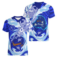 Chuuk Micronesian Roots Women V-Neck T-Shirt Polynesian Tribal Pattern Hibiscus Flower And Stingray Art