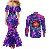Chuuk Tropical Sunset Coordinates Couples Matching Mermaid Dress and Long Sleeve Button Shirt Neon Graffiti Polynesian Tribal