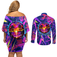 Chuuk Tropical Sunset Coordinates Couples Matching Off Shoulder Short Dress and Long Sleeve Button Shirt Neon Graffiti Polynesian Tribal