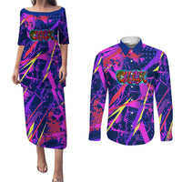 Chuuk Tropical Sunset Coordinates Couples Matching Puletasi and Long Sleeve Button Shirt Neon Graffiti Polynesian Tribal