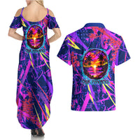 Chuuk Tropical Sunset Coordinates Couples Matching Summer Maxi Dress and Hawaiian Shirt Neon Graffiti Polynesian Tribal