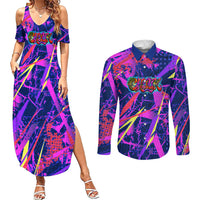 Chuuk Tropical Sunset Coordinates Couples Matching Summer Maxi Dress and Long Sleeve Button Shirt Neon Graffiti Polynesian Tribal
