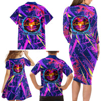 Chuuk Tropical Sunset Coordinates Family Matching Long Sleeve Bodycon Dress and Hawaiian Shirt Neon Graffiti Polynesian Tribal