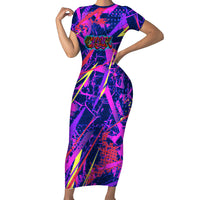 Chuuk Tropical Sunset Coordinates Short Sleeve Bodycon Dress Neon Graffiti Polynesian Tribal