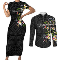 Kosrae Nautical Heritage Couples Matching Short Sleeve Bodycon Dress and Long Sleeve Button Shirt Polynesian Tribal Anchor With Plumeria Tropical Art