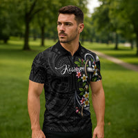 Kosrae Nautical Heritage Zipper Polo Shirt Polynesian Tribal Anchor With Plumeria Tropical Art
