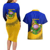 Kosrae Fafa Culinary Heritage Couples Matching Long Sleeve Bodycon Dress and Hawaiian Shirt Kosraean Gold Taro Tradition Illustration With Coconut Leaves