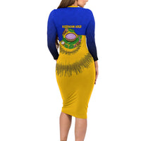 Kosrae Fafa Culinary Heritage Long Sleeve Bodycon Dress Kosraean Gold Taro Tradition Illustration With Coconut Leaves