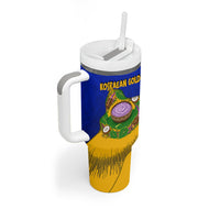 Kosrae Fafa Culinary Heritage Tumbler With Handle Kosraean Gold Taro Tradition Illustration With Coconut Leaves
