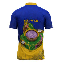 Kosrae Fafa Culinary Heritage Zipper Polo Shirt Kosraean Gold Taro Tradition Illustration With Coconut Leaves