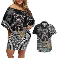 Polynesian Pitbull Couples Matching Off Shoulder Short Dress and Hawaiian Shirt Polynesian Pattern And Pitbull TS04 Black - Polynesian Pride