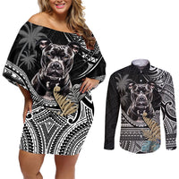 Polynesian Pitbull Couples Matching Off Shoulder Short Dress and Long Sleeve Button Shirts Polynesian Pattern And Pitbull TS04 Black - Polynesian Pride