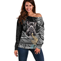 Polynesian Pitbull Off Shoulder Sweater Polynesian Pattern And Pitbull TS04 Women Black - Polynesian Pride