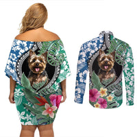 Polynesian Yorkshire Terrier Couples Matching Off Shoulder Short Dress and Long Sleeve Button Shirts Polynesian Pattern And Yorkshire Terrier TS04 - Polynesian Pride